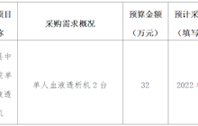 田东县中医医院2022年4月－5月单人血液透析机采购意向